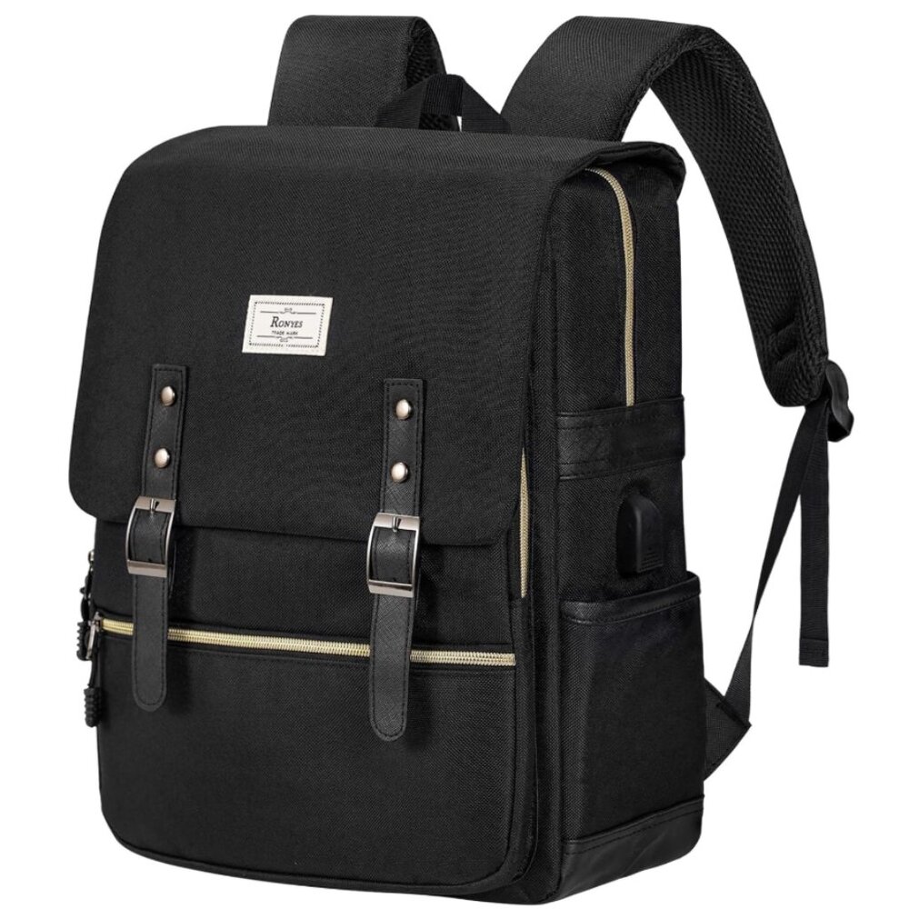 Roynes Vintage Inspired Black Daypack Backpack Laptop Bag